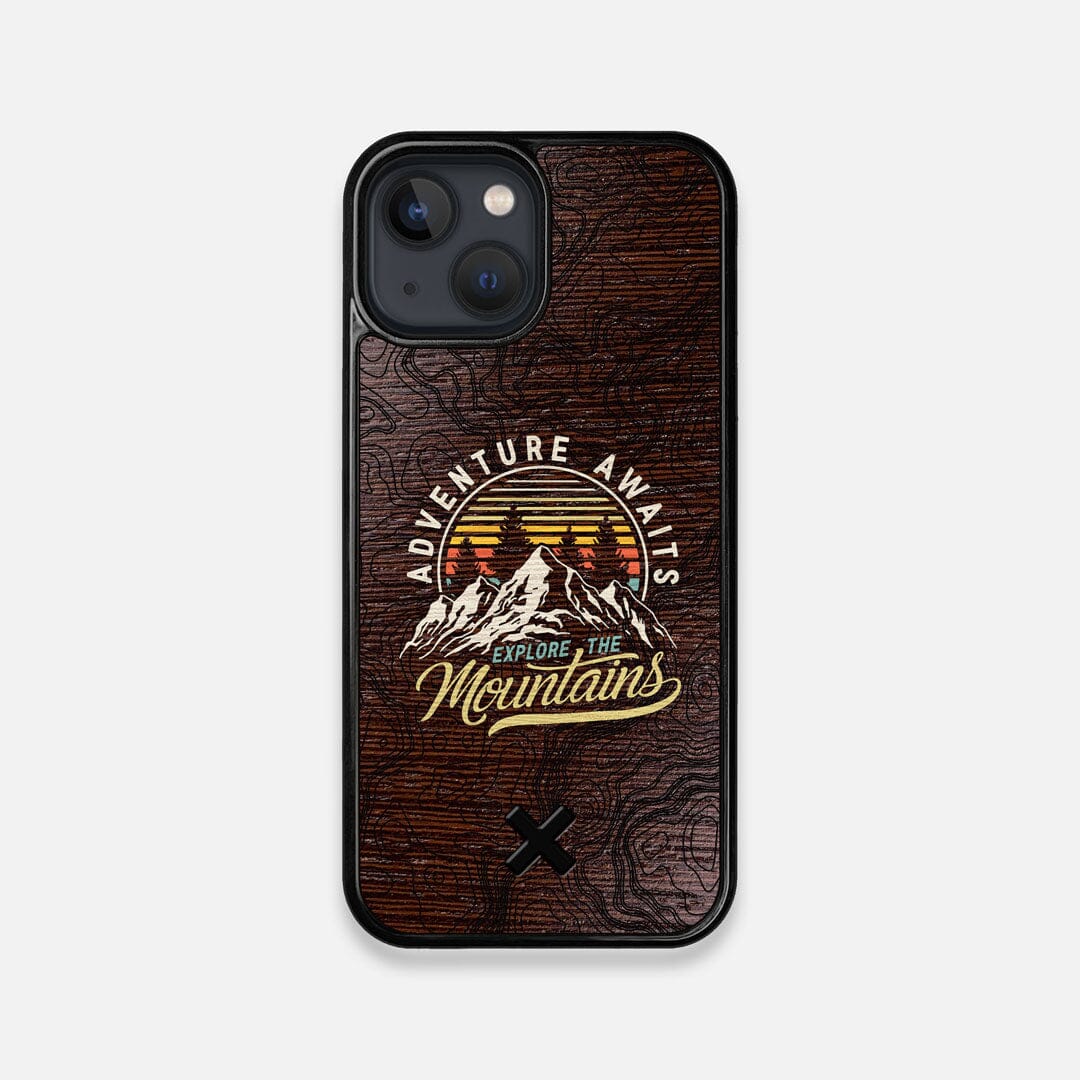 Front view of the crisp topographical map with Explorer badge printed on matte black impact acrylic iPhone 13 Mini Case by Keyway Designs