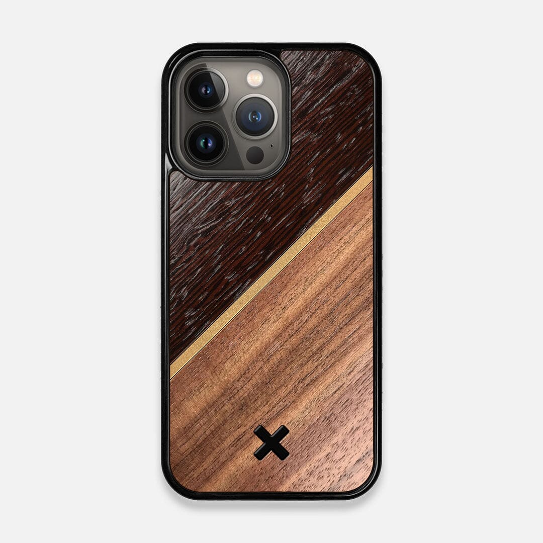 Front view of the Alium Walnut, Gold, and Wenge Elegant Wood iPhone 13 Pro Case by Keyway Designs