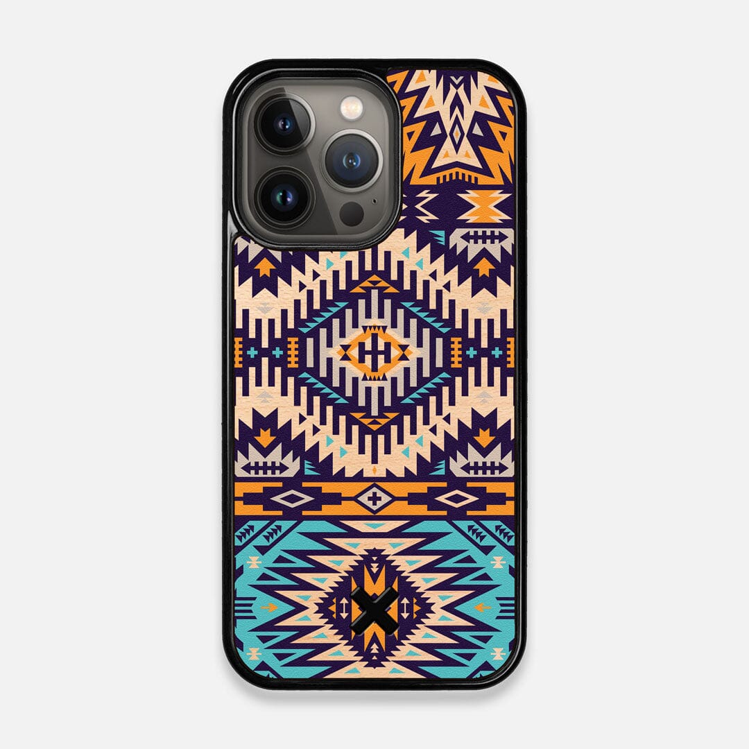 Front view of the vibrant Aztec printed Maple Wood iPhone 13 Pro Case by Keyway Designs
