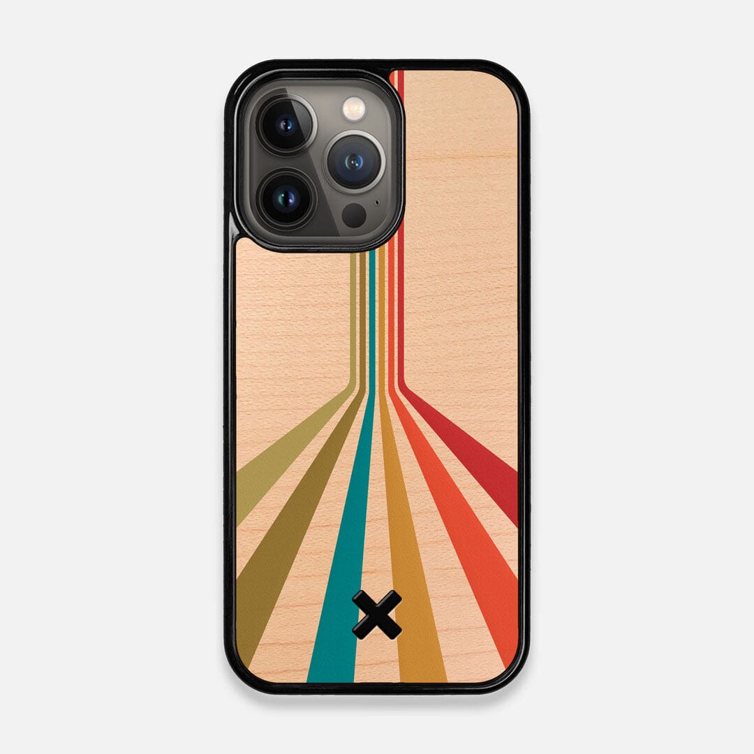 Front view of the array of colour beams splitting across the case printed on Maple wood iPhone 13 Pro Case by Keyway Designs