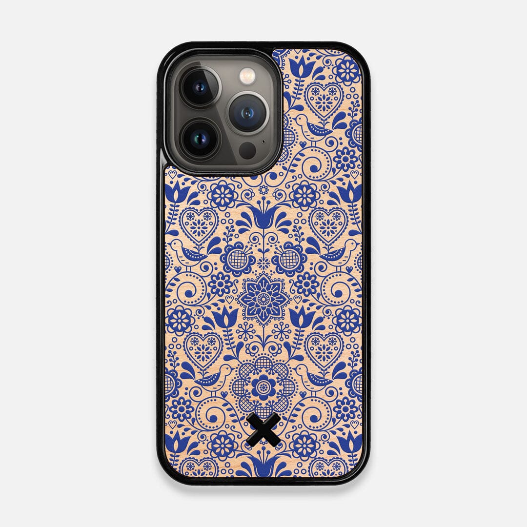 Front view of the blue floral pattern on maple wood iPhone 13 Pro Case by Keyway Designs