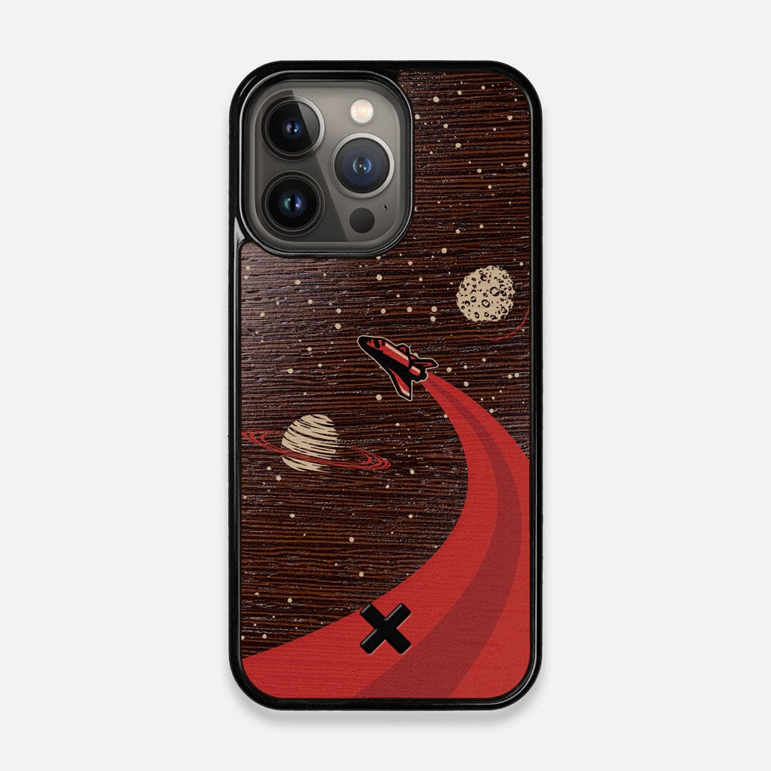 Front view of the stylized space shuttle boosting to saturn printed on Wenge wood iPhone 13 Pro Case by Keyway Designs