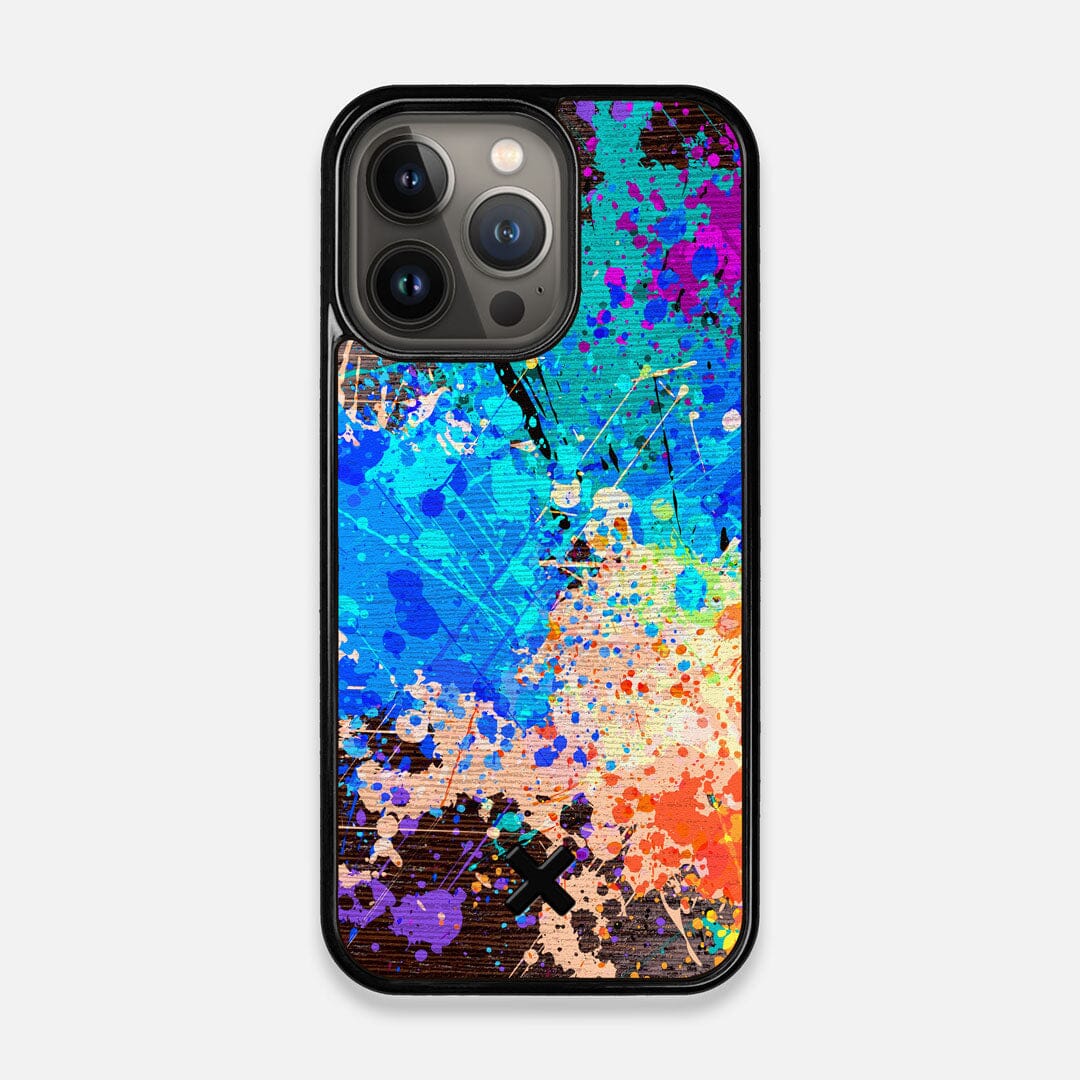 Front view of the realistic paint splatter 'Chroma' printed Wenge Wood iPhone 13 Pro Case by Keyway Designs