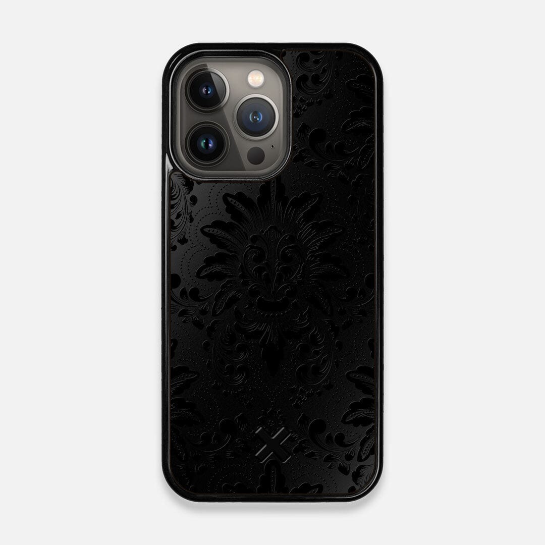 Front view of the detailed gloss Damask pattern printed on matte black impact acrylic iPhone 13 Pro Case by Keyway Designs