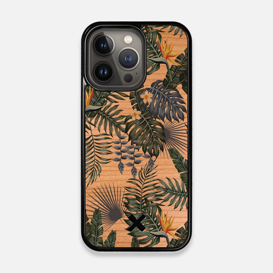 Front view of the Floral tropical leaf printed Cherry Wood iPhone 13 Pro Case by Keyway Designs