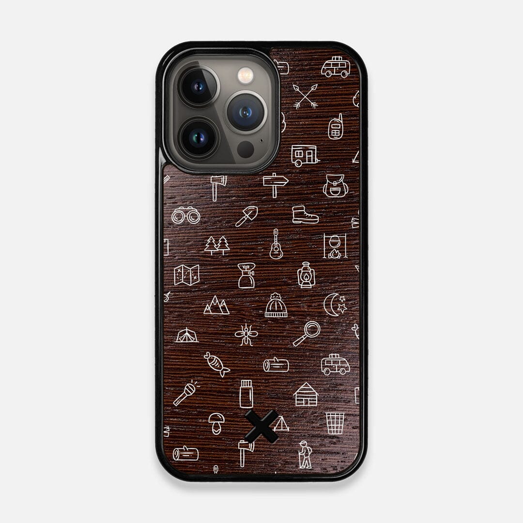 Front view of the fun detailed camping icon print on Wenge wood iPhone 13 Pro Case by Keyway Designs