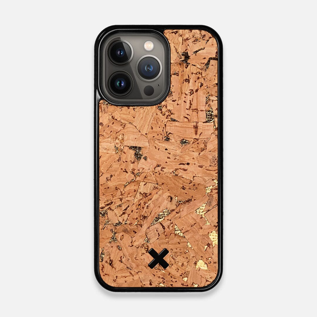 Front view of the gold fleck natural cork iPhone 13 Pro Case by Keyway Designs