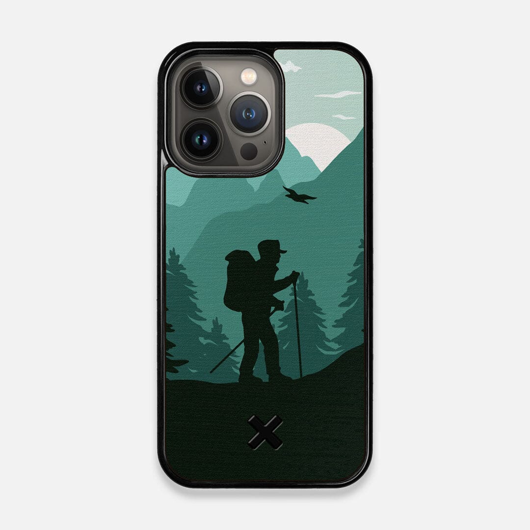 Front view of the stylized mountain hiker print on Wenge wood iPhone 13 Pro Case by Keyway Designs