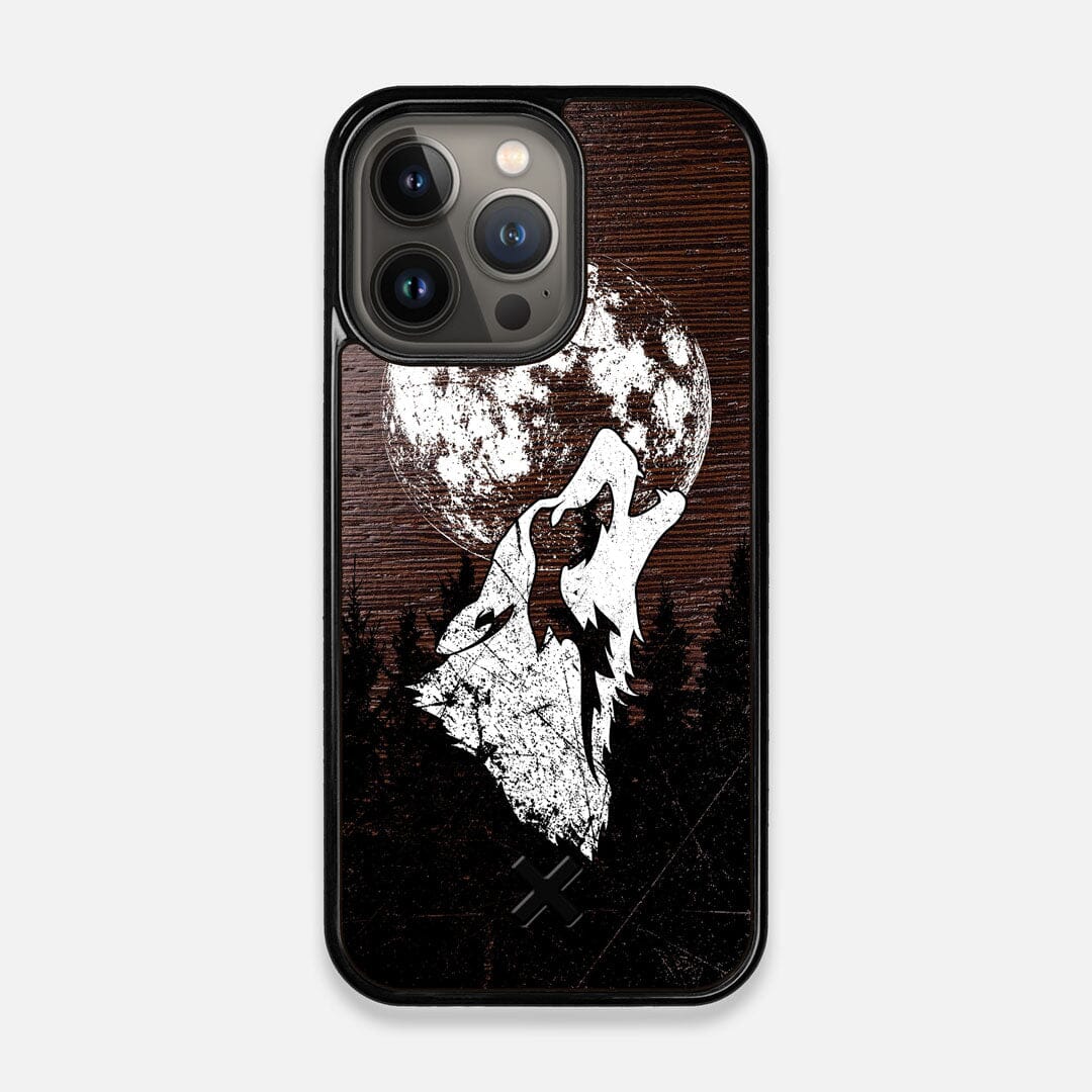Front view of the high-contrast howling wolf on a full moon printed on a Wenge Wood iPhone 13 Pro Case by Keyway Designs