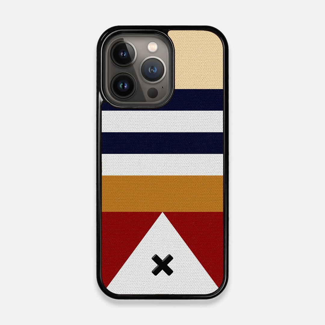 Front view of the Lodge Adventure Marker in the Wayfinder series UV-Printed thick cotton canvas iPhone 13 Pro Case by Keyway Designs