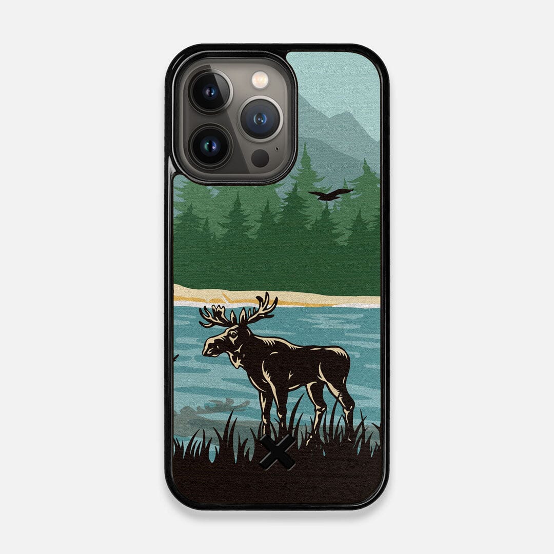 Front view of the stylized bull moose forest print on Wenge wood iPhone 13 Pro Case by Keyway Designs