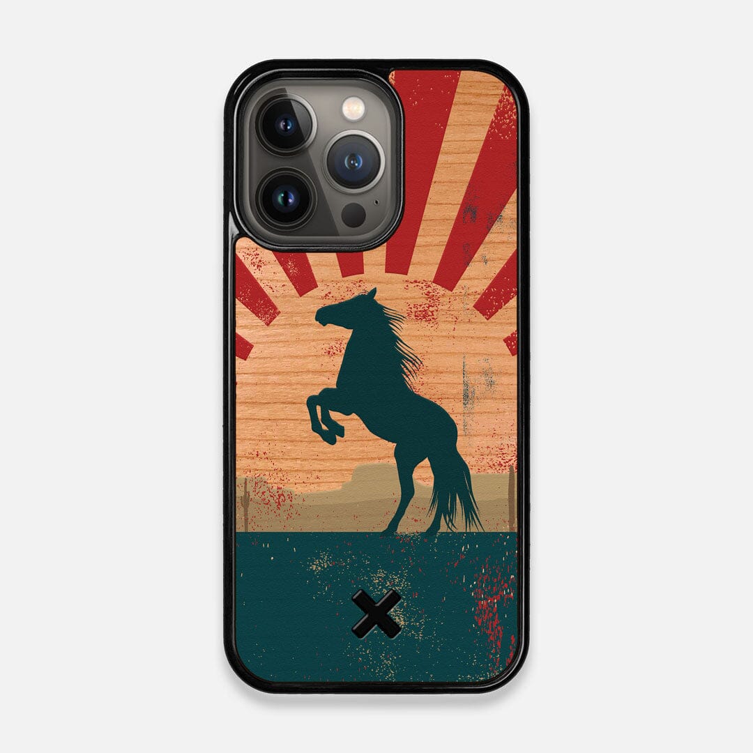 Front view of the epic mustang rearing up printed on Cherry wood iPhone 13 Pro Case by Keyway Designs