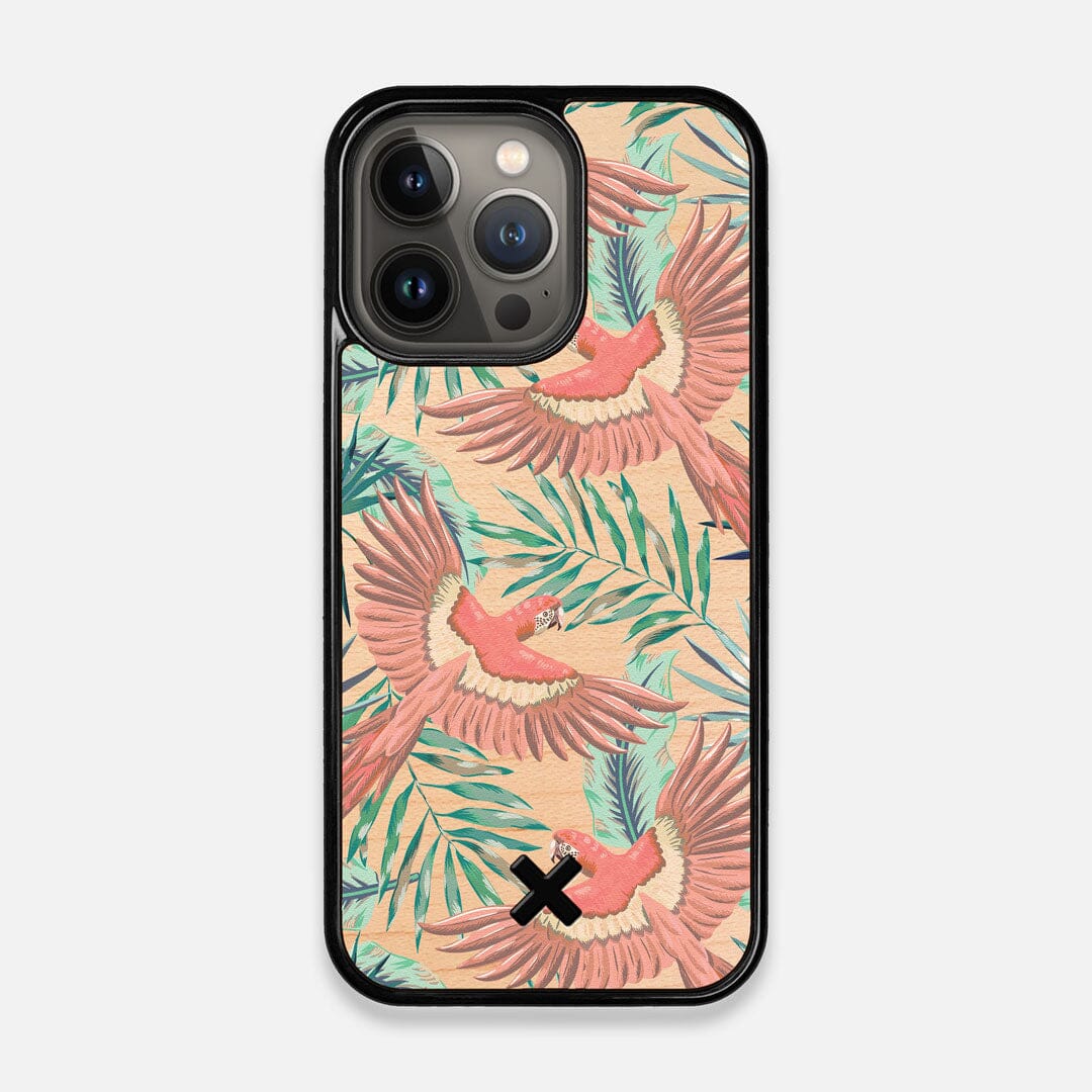 Front view of the Paradise Macaw and Tropical Leaf printed Maple Wood iPhone 13 Pro Case by Keyway Designs