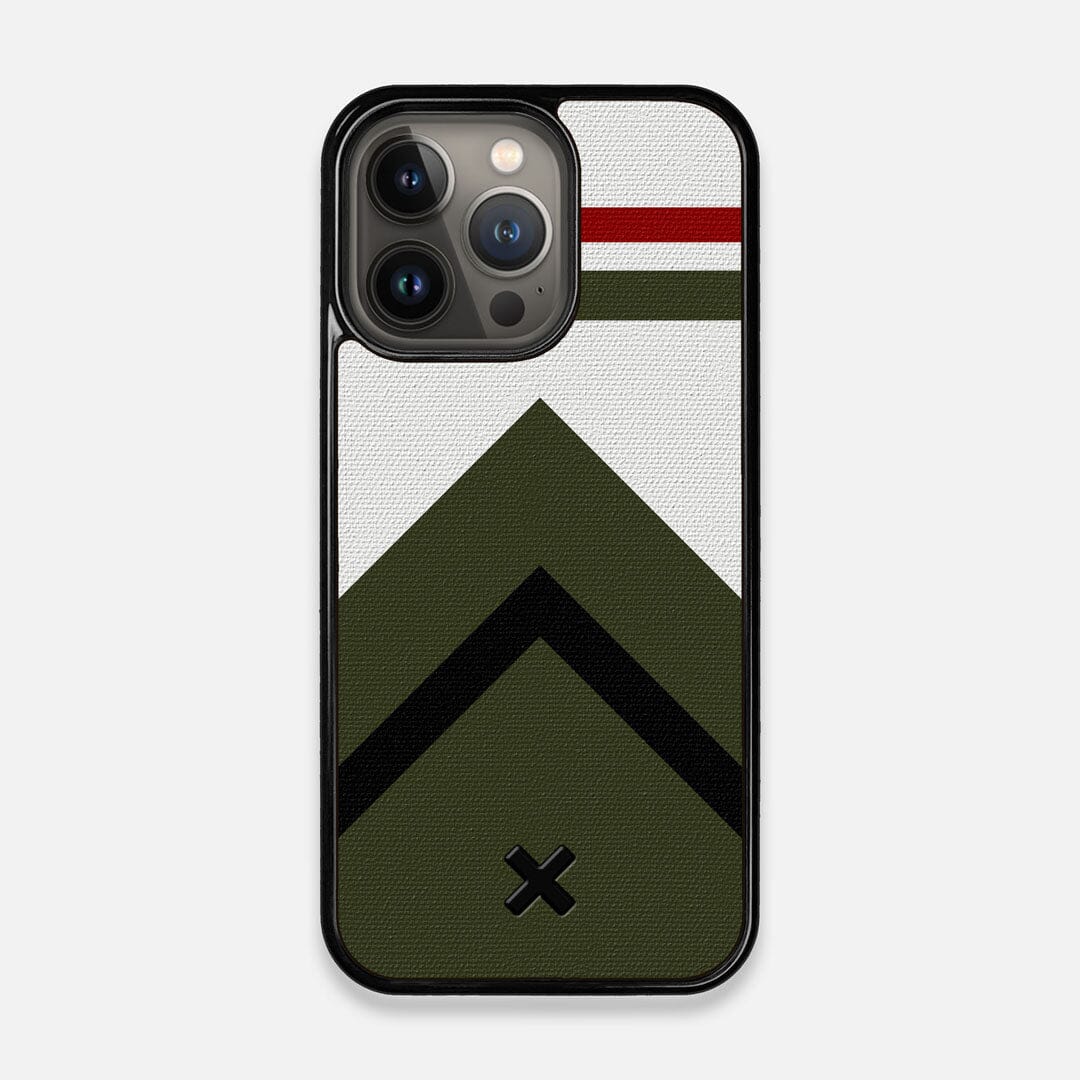 Front view of the Peak Adventure Marker in the Wayfinder series UV-Printed thick cotton canvas iPhone 13 Pro Case by Keyway Designs