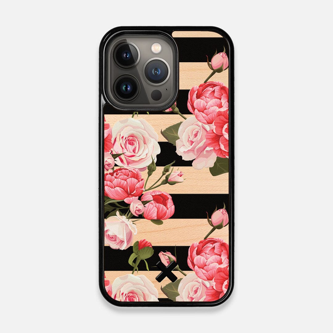Front view of the artsy print of stripes with peonys and roses on Maple wood iPhone 13 Pro Case by Keyway Designs