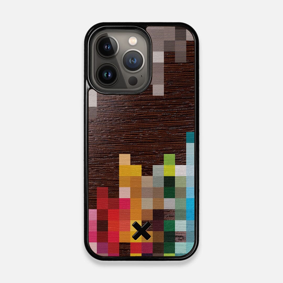 Front view of the digital art inspired pixelation design on Wenge wood iPhone 13 Pro Case by Keyway Designs