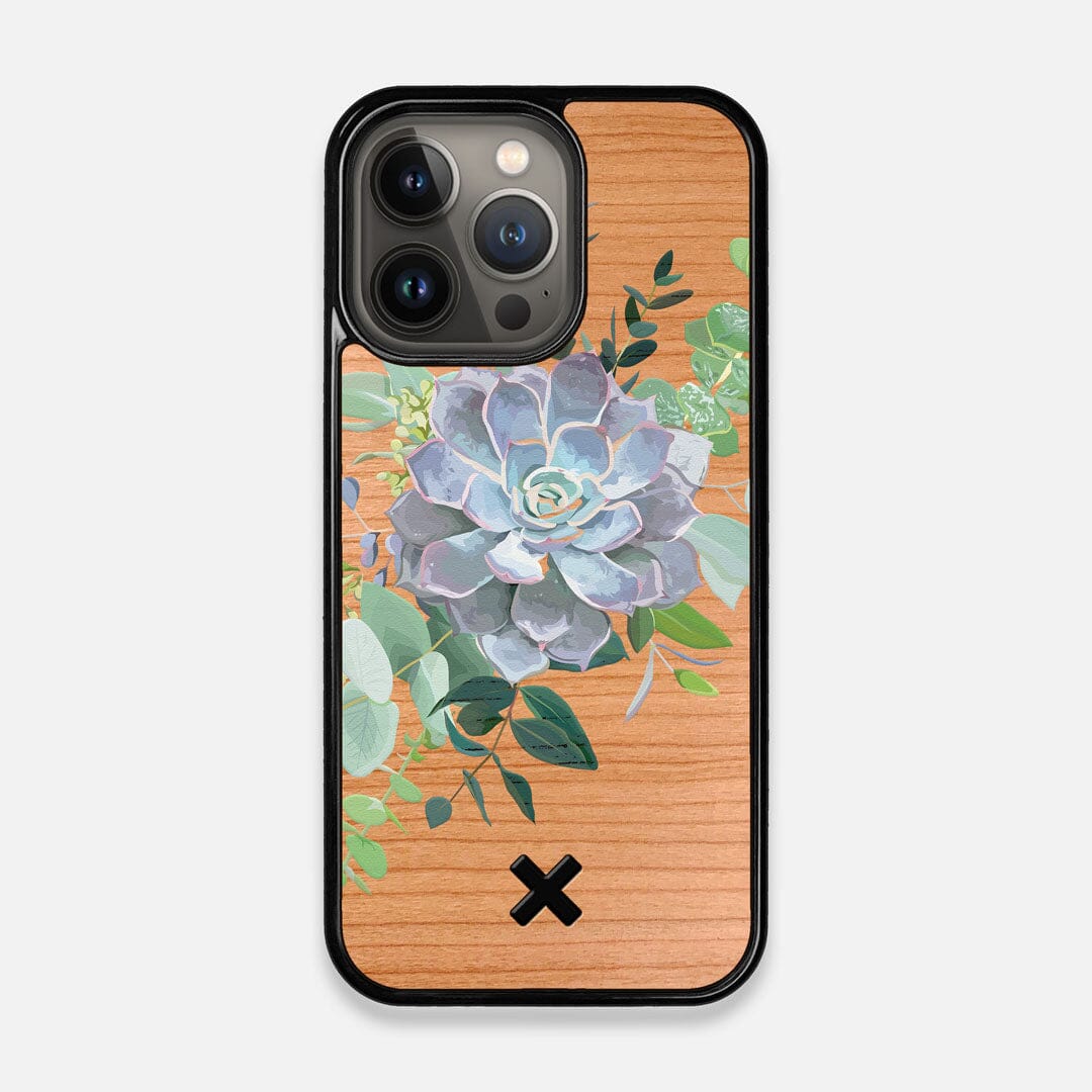 Front view of the print centering around a succulent, Echeveria Pollux on Cherry wood iPhone 13 Pro Case by Keyway Designs