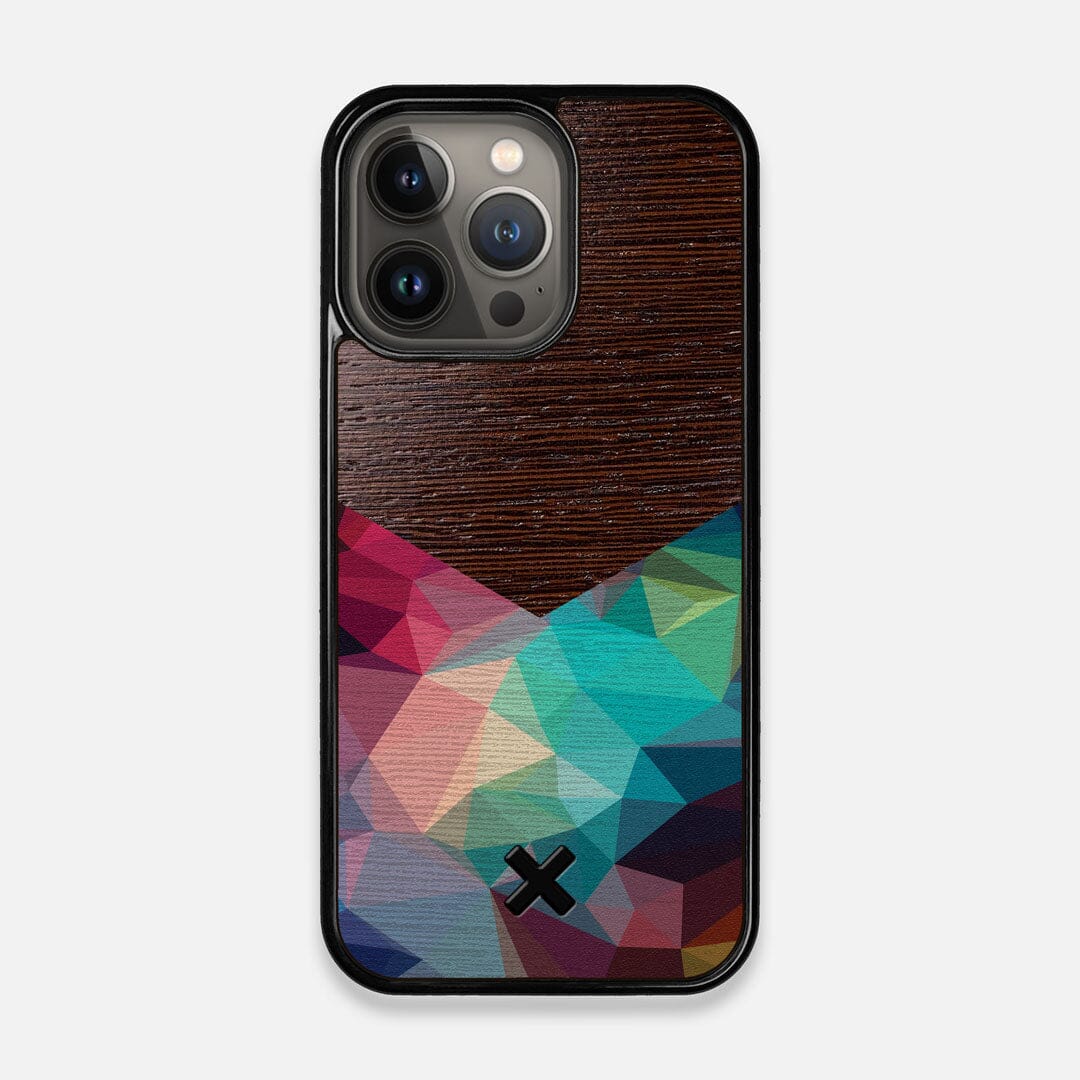 Front view of the vibrant Geometric Gradient printed Wenge Wood iPhone 13 Pro Case by Keyway Designs