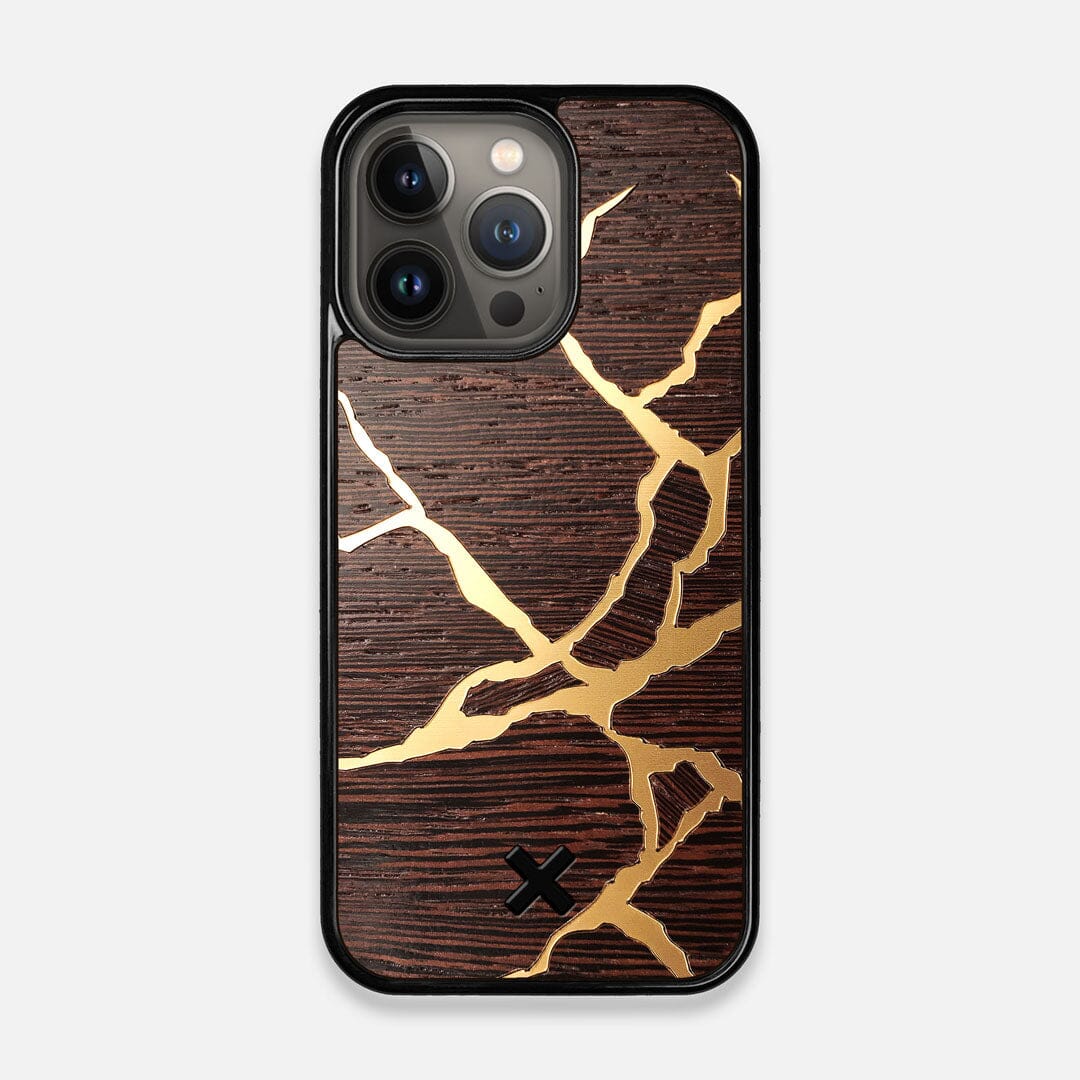 Front view of the Kintsugi inspired Gold and Wenge Wood iPhone 13 Pro Case by Keyway Designs