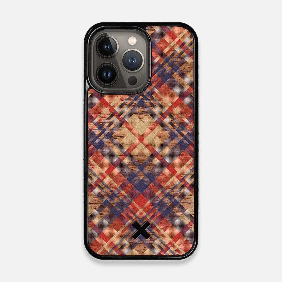 Front view of the Tartan print of beige, blue, and red on Walnut wood iPhone 13 Pro Case by Keyway Designs