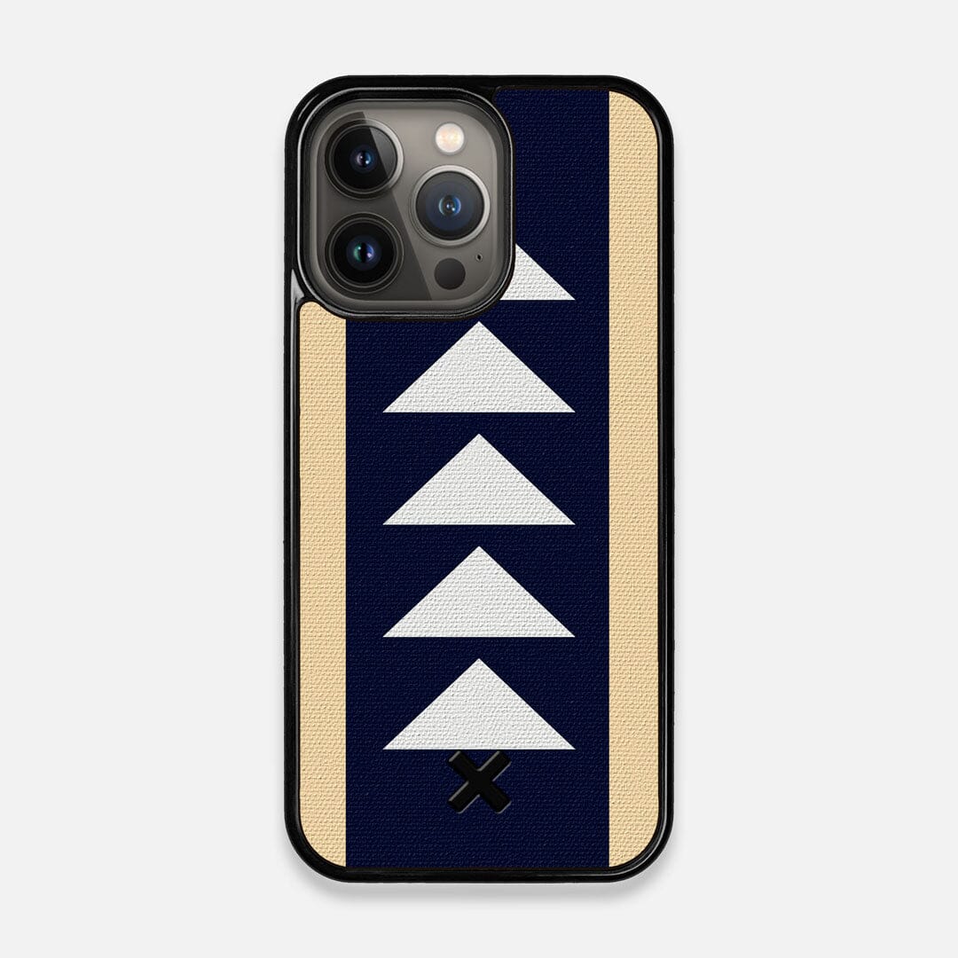 Front view of the Track Adventure Marker in the Wayfinder series UV-Printed thick cotton canvas iPhone 13 Pro Case by Keyway Designs