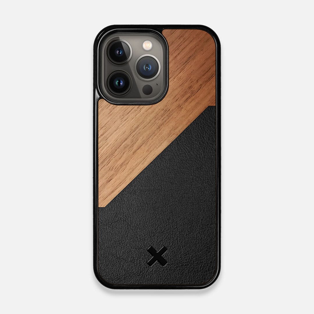 Front view of the Walnut Rift Elegant Wood & Leather iPhone 13 Pro Case by Keyway Designs