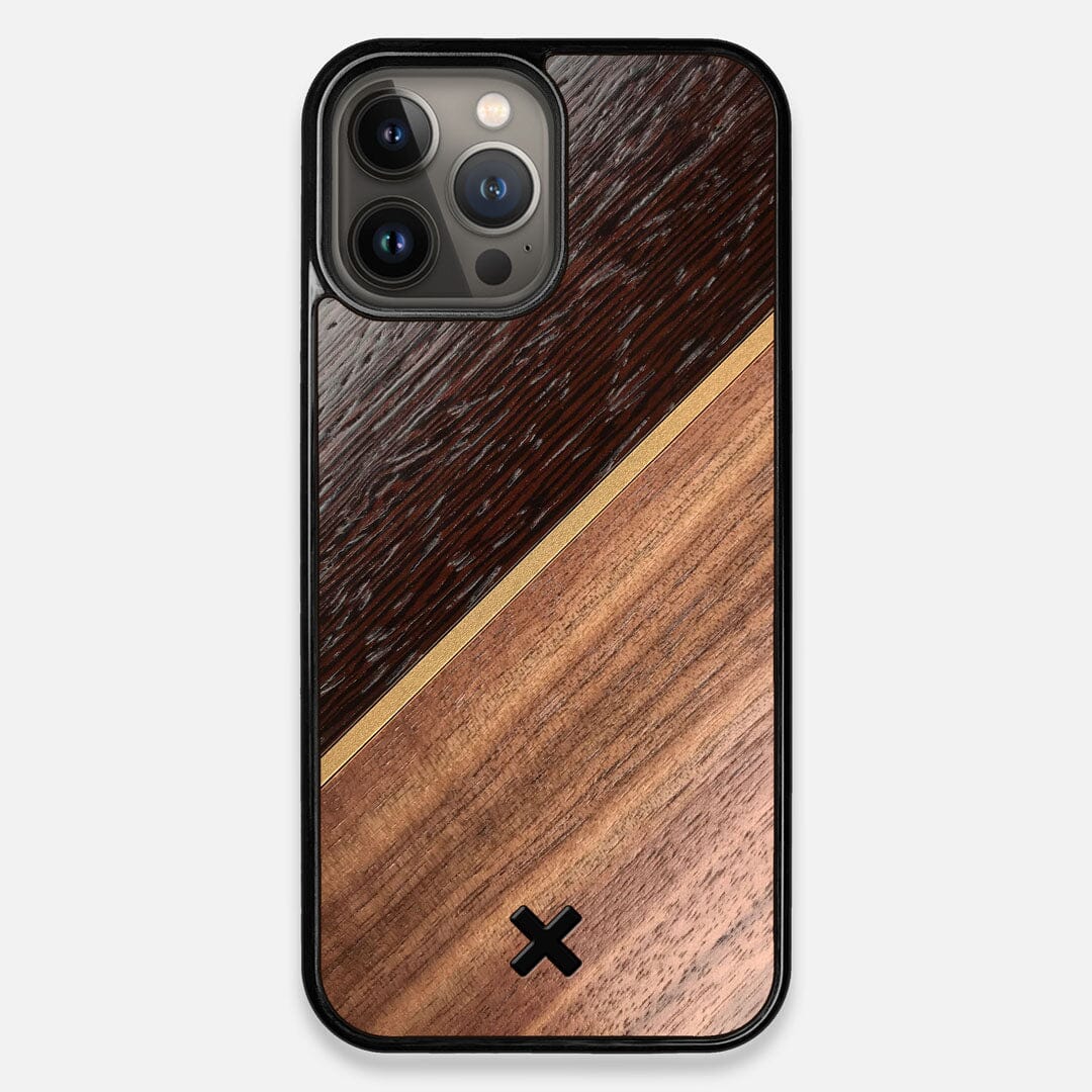 Front view of the Alium Walnut, Gold, and Wenge Elegant Wood iPhone 13 Pro Max Case by Keyway Designs