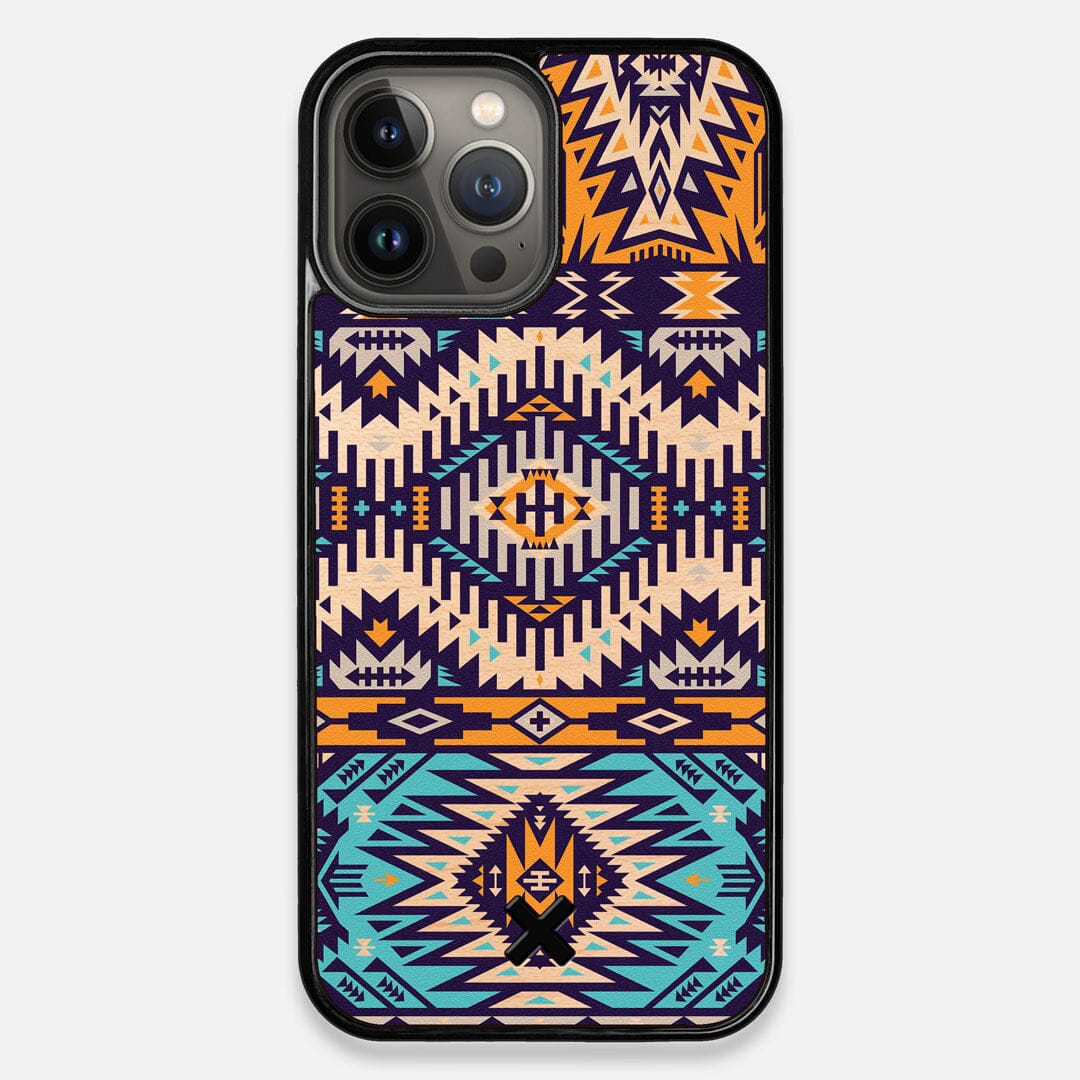 Front view of the vibrant Aztec printed Maple Wood iPhone 13 Pro Max Case by Keyway Designs