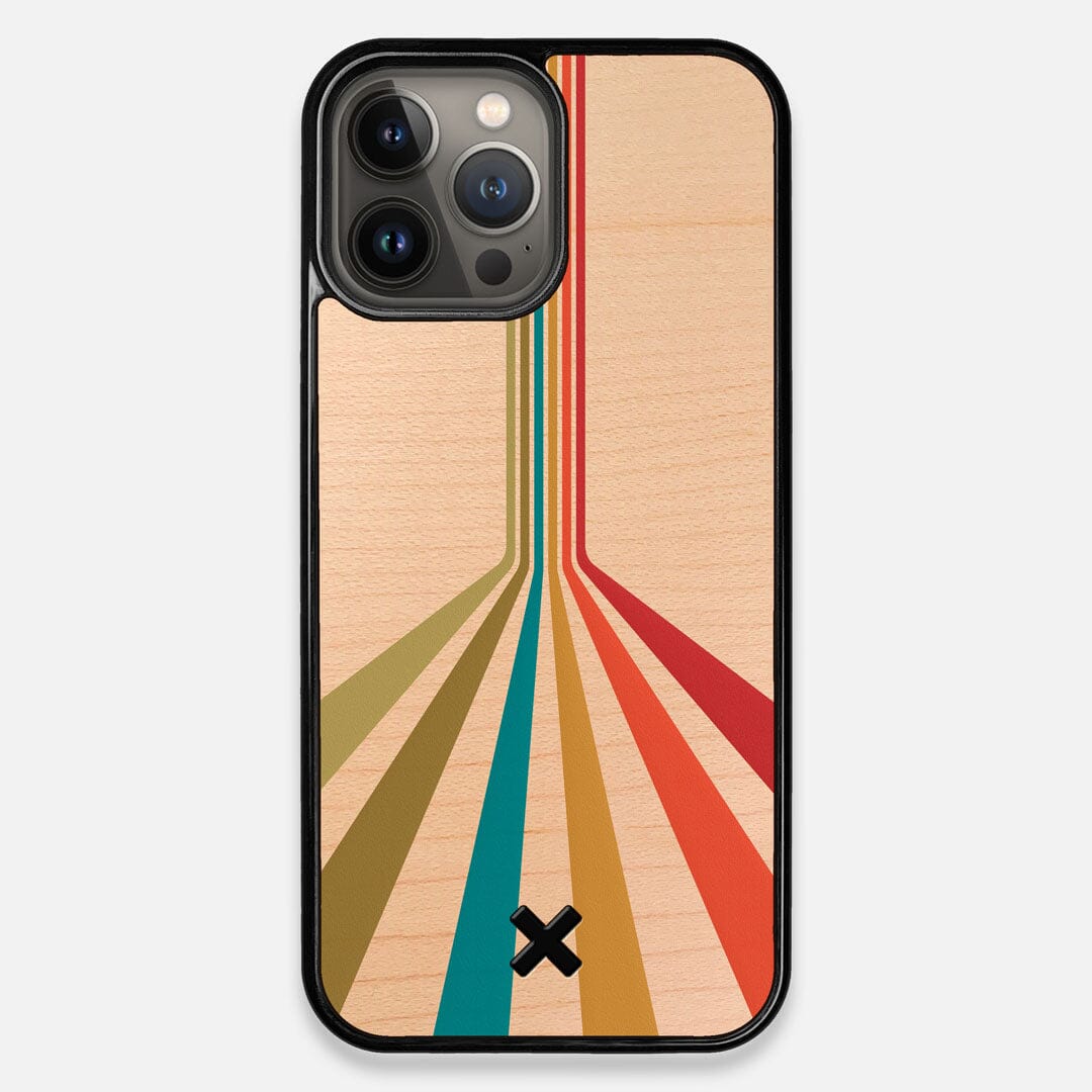 Front view of the array of colour beams splitting across the case printed on Maple wood iPhone 13 Pro Max Case by Keyway Designs