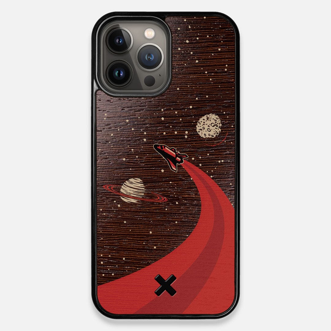 Front view of the stylized space shuttle boosting to saturn printed on Wenge wood iPhone 13 Pro Max Case by Keyway Designs