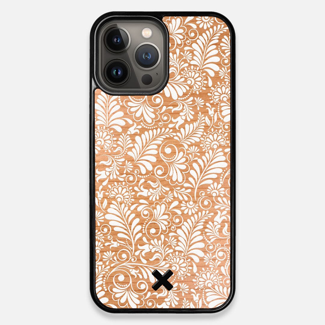 Front view of the white ink flowing botanical print on Cherry wood iPhone 13 Pro Max Case by Keyway Designs