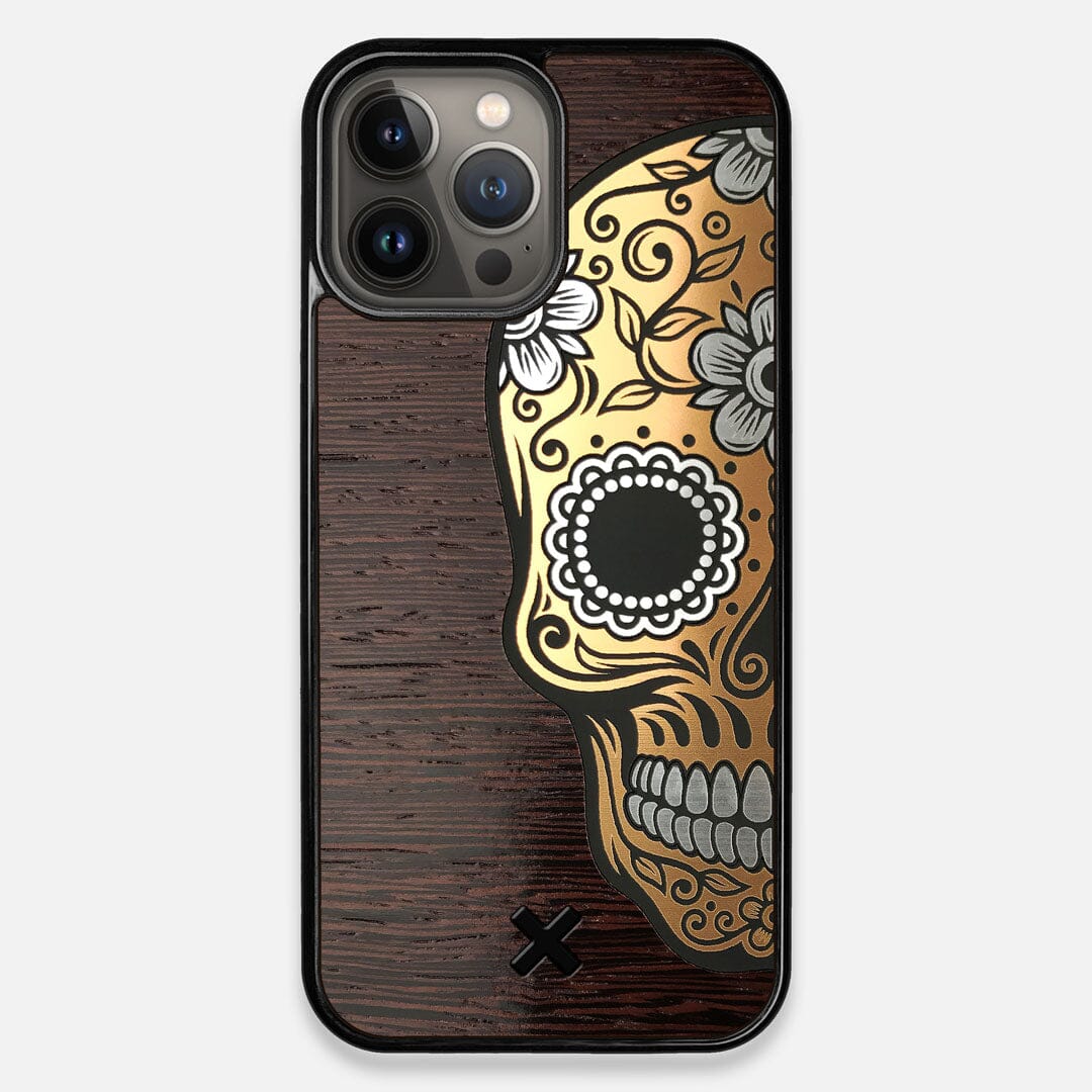 Front view of the Calavera Wood Sugar Skull Wood iPhone 13 Pro Max Case by Keyway Designs