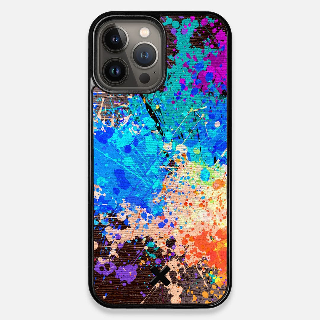 Front view of the realistic paint splatter 'Chroma' printed Wenge Wood iPhone 13 Pro Max Case by Keyway Designs