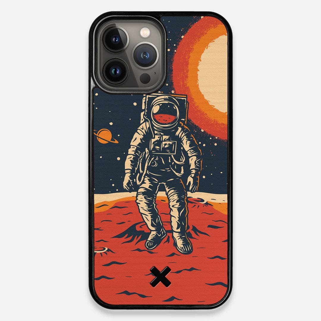 Front view of the stylized astronaut space-walk print on Cherry wood iPhone 13 Pro Max Case by Keyway Designs