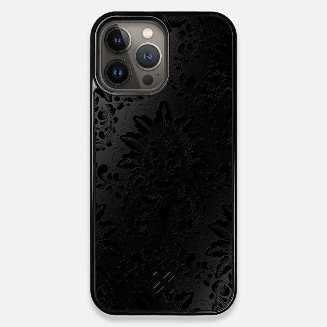 Front view of the detailed gloss Damask pattern printed on matte black impact acrylic iPhone 13 Pro Max Case by Keyway Designs