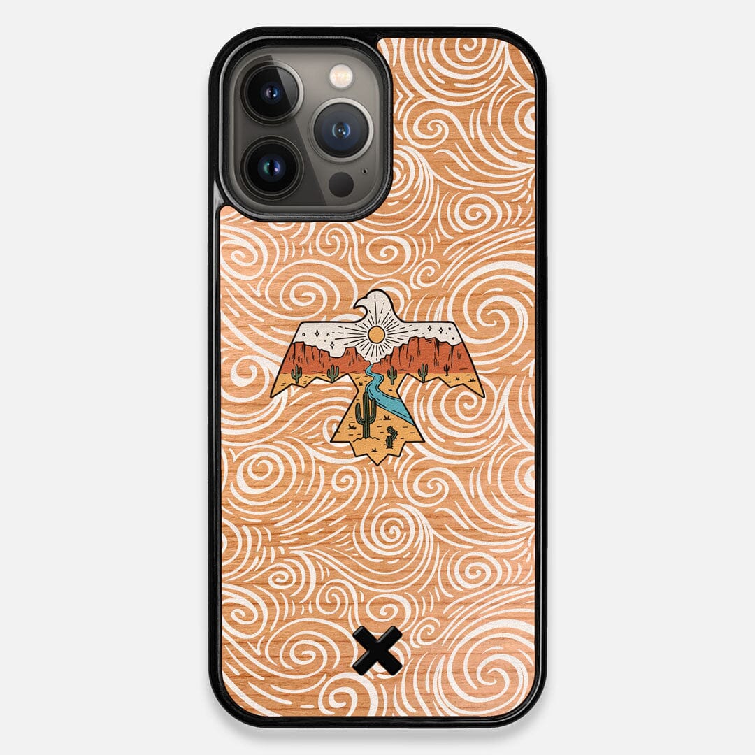 Front view of the double-exposure style eagle over flowing gusts of wind printed on Cherry wood iPhone 13 Pro Max Case by Keyway Designs
