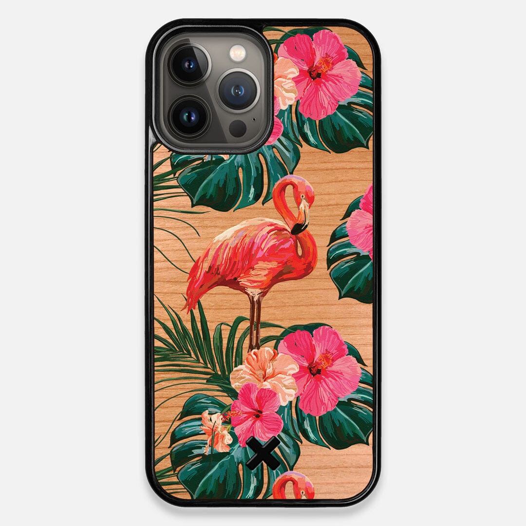 Front view of the Flamingo & Floral printed Cherry Wood iPhone 13 Pro Max Case by Keyway Designs