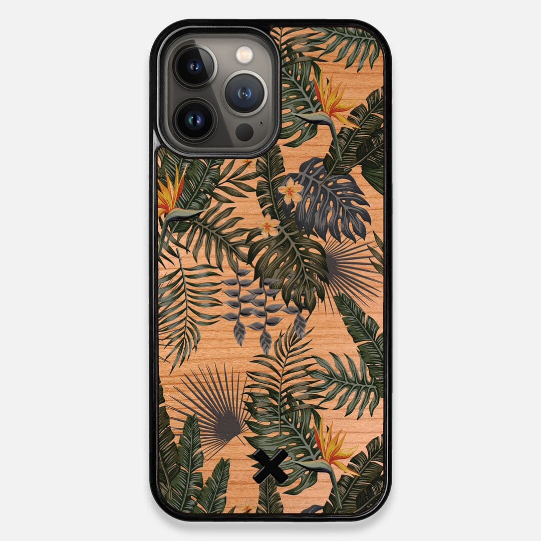 Front view of the Floral tropical leaf printed Cherry Wood iPhone 13 Pro Max Case by Keyway Designs