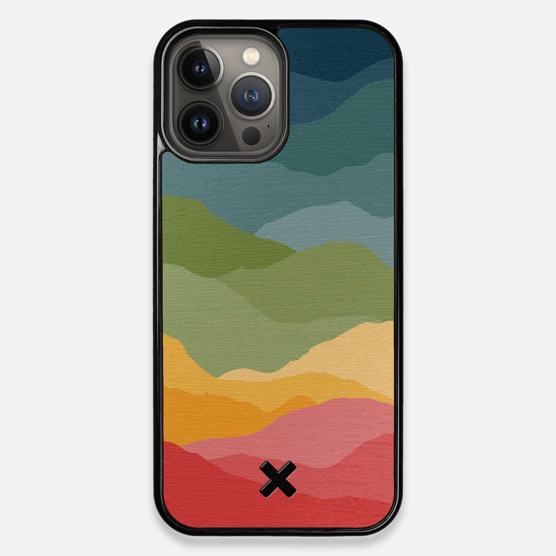 Front view of the vibrant flowing rainbow print on Wenge wood iPhone 13 Pro Max Case by Keyway Designs