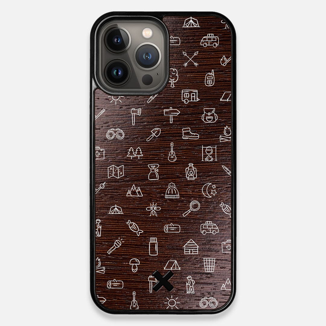Front view of the fun detailed camping icon print on Wenge wood iPhone 13 Pro Max Case by Keyway Designs