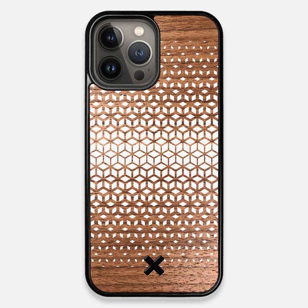 Front view of the white ink geometric gradient printed on Walnut wood iPhone 13 Pro Max Case by Keyway Designs