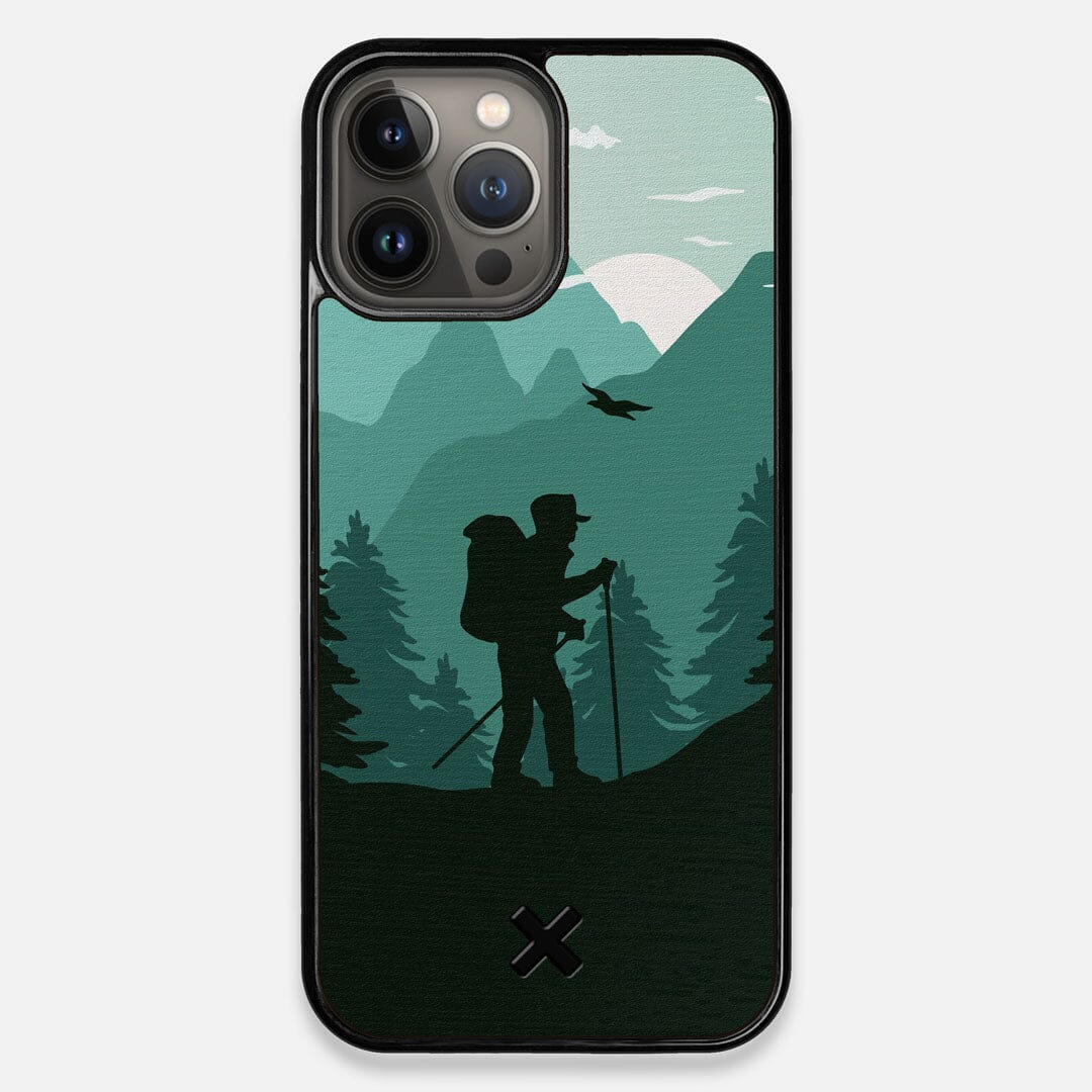 Front view of the stylized mountain hiker print on Wenge wood iPhone 13 Pro Max Case by Keyway Designs