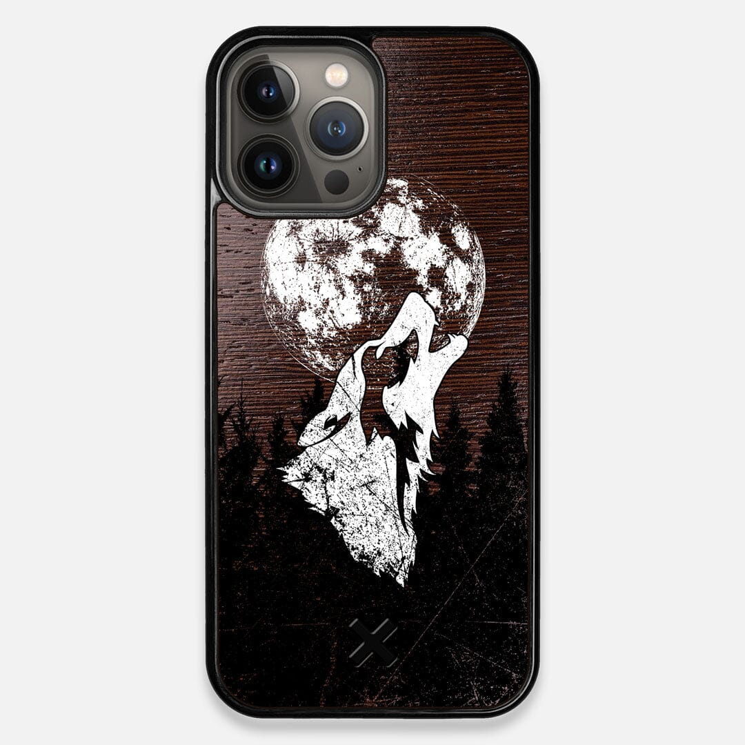 Front view of the high-contrast howling wolf on a full moon printed on a Wenge Wood iPhone 13 Pro Max Case by Keyway Designs
