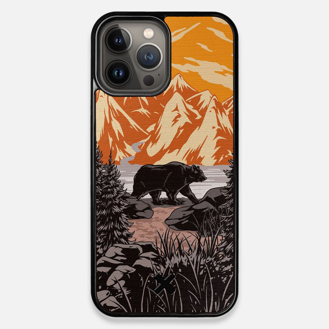 Front view of the stylized Kodiak bear in the mountains print on Wenge wood iPhone 13 Pro Max Case by Keyway Designs