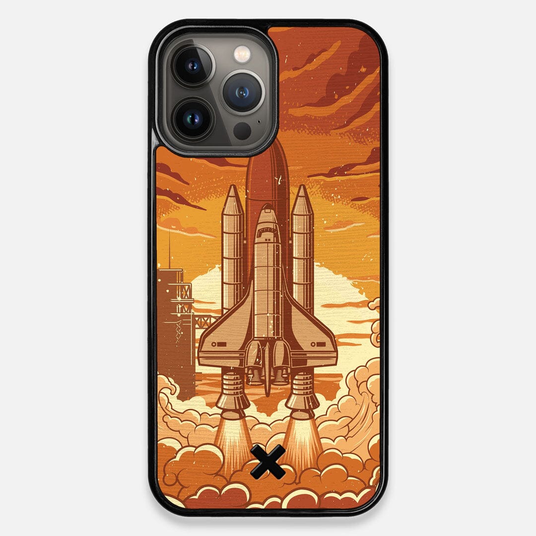 Front view of the vibrant stylized space shuttle launch print on Wenge wood iPhone 13 Pro Max Case by Keyway Designs