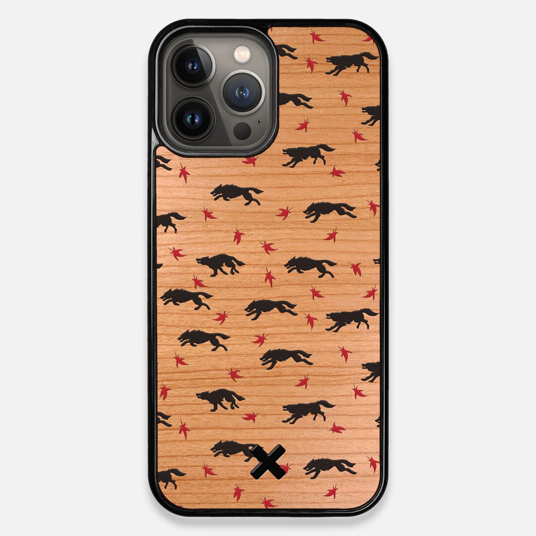Front view of the unique pattern of wolves and Maple leaves printed on Cherry wood iPhone 13 Pro Max Case by Keyway Designs