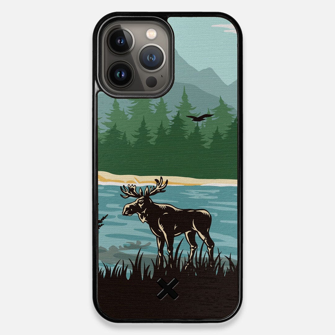 Front view of the stylized bull moose forest print on Wenge wood iPhone 13 Pro Max Case by Keyway Designs