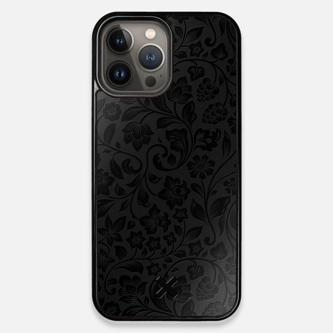 Front view of the highly detailed midnight floral engraving on matte black impact acrylic iPhone 13 Pro Max Case by Keyway Designs