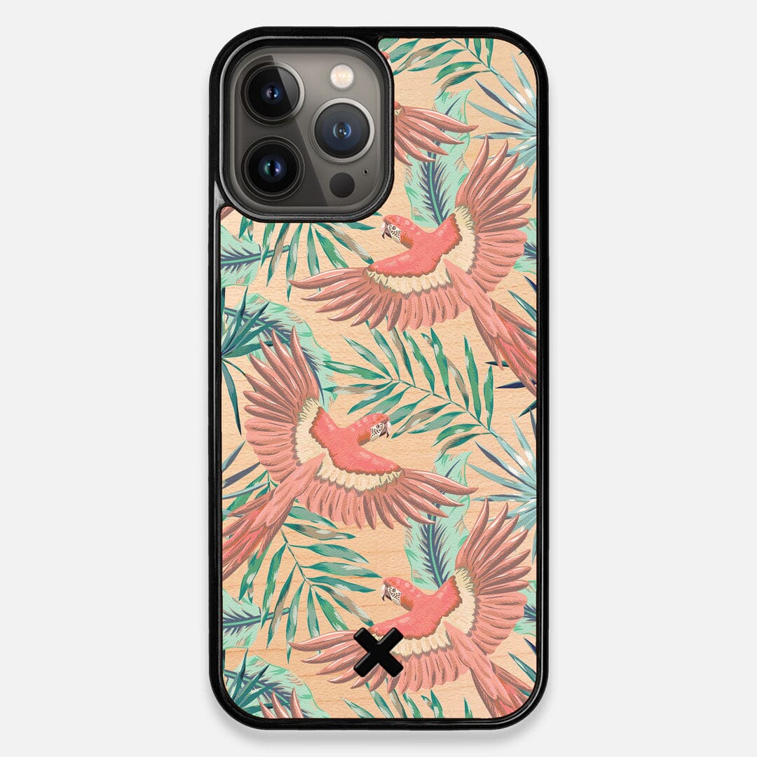 Front view of the Paradise Macaw and Tropical Leaf printed Maple Wood iPhone 13 Pro Max Case by Keyway Designs