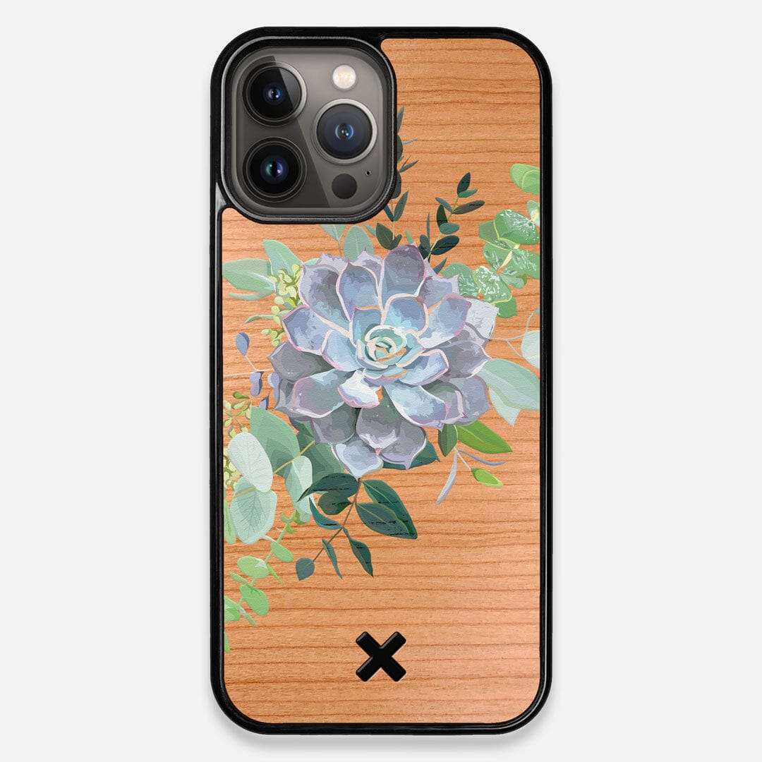Front view of the print centering around a succulent, Echeveria Pollux on Cherry wood iPhone 13 Pro Max Case by Keyway Designs